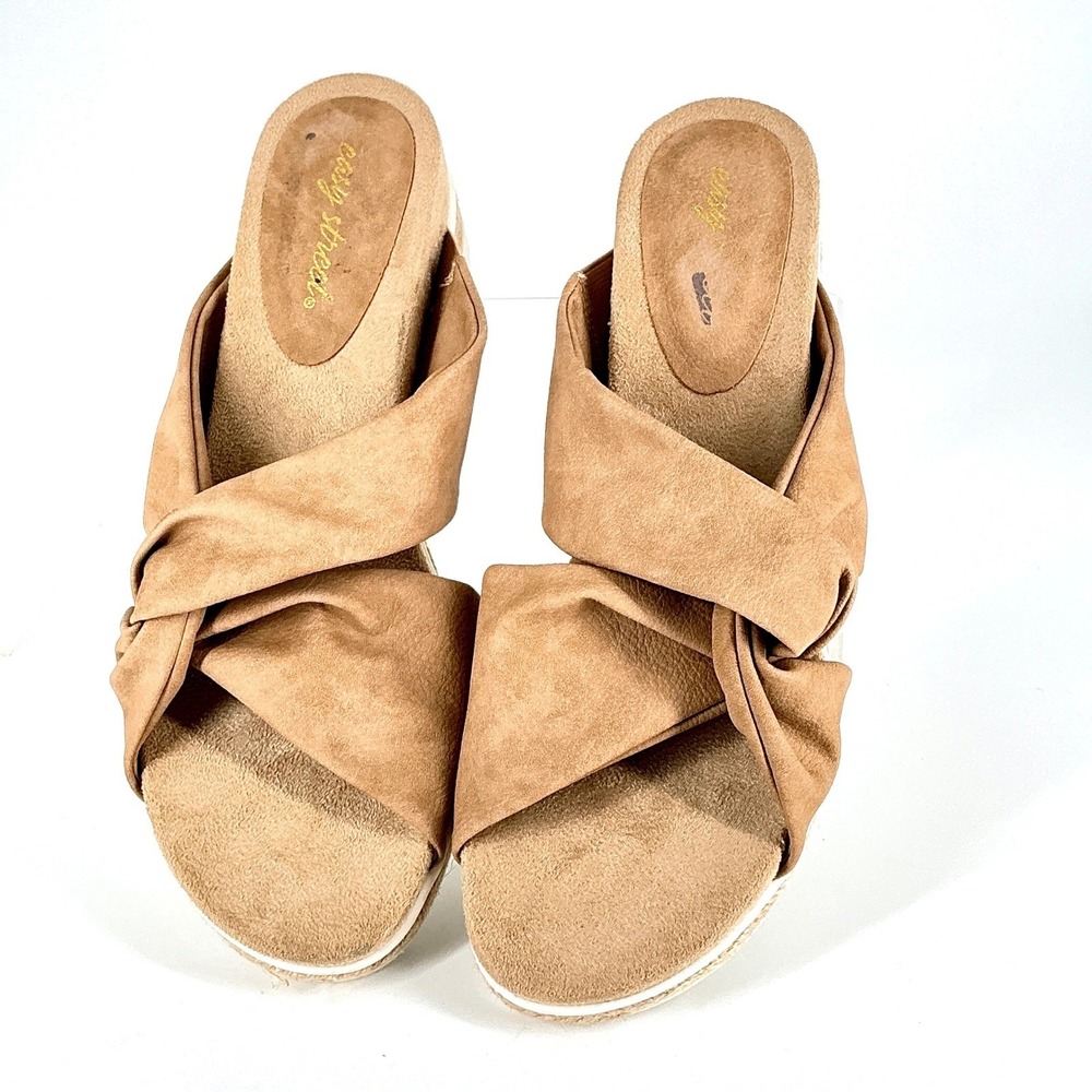 Easy Street Size 10 Tan Faux Suede Twist Knot Espadrille Wedge Sandals - Picture 3 of 14